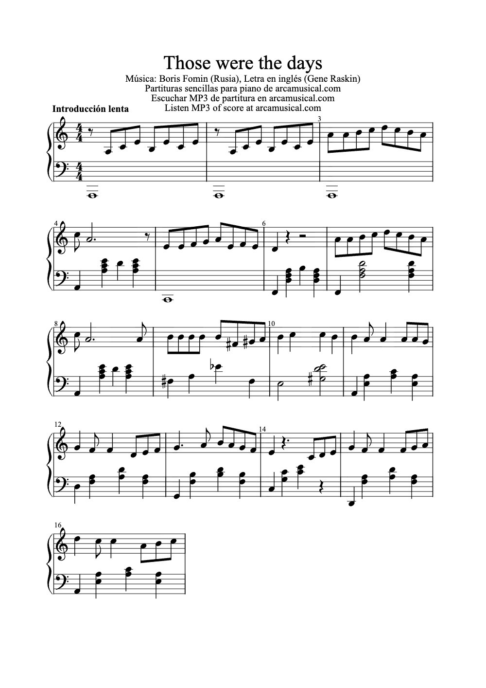 Sheet music preview for Those Were the Days