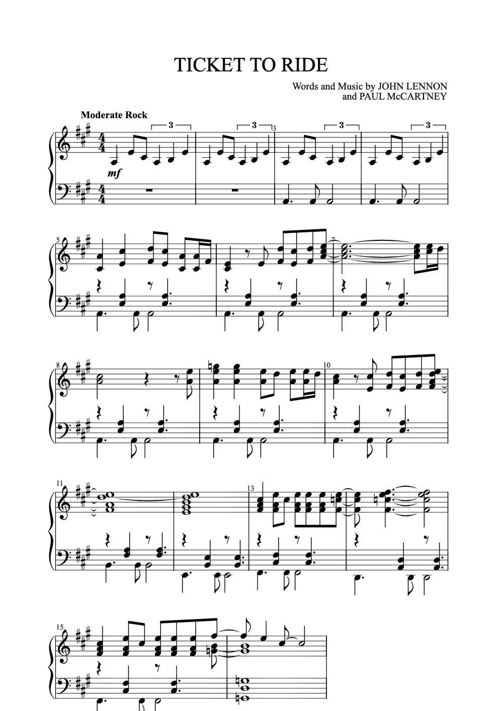 Sheet music preview for Ticket to Ride