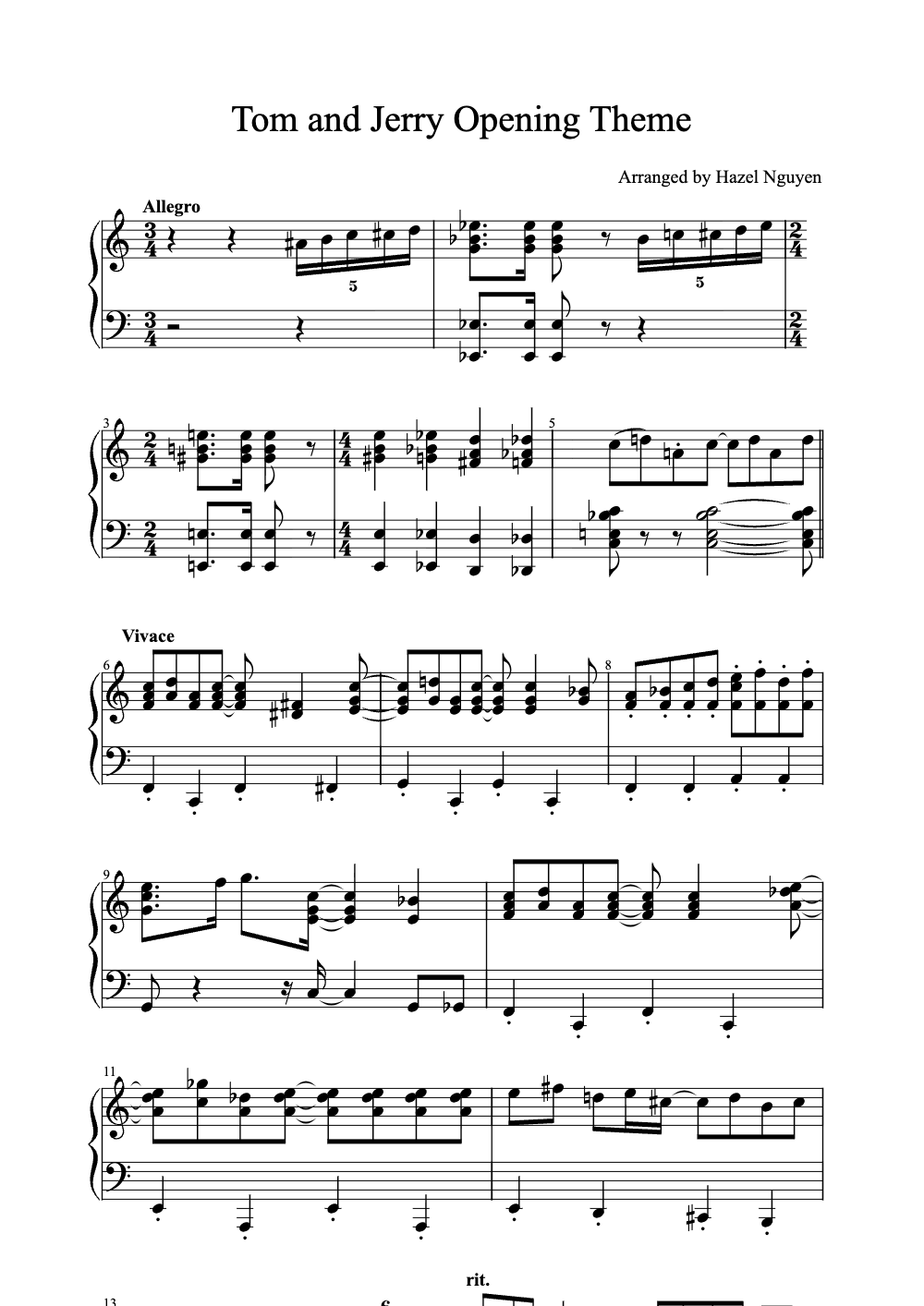 Sheet music preview for Tom and Jerry Opening Theme
