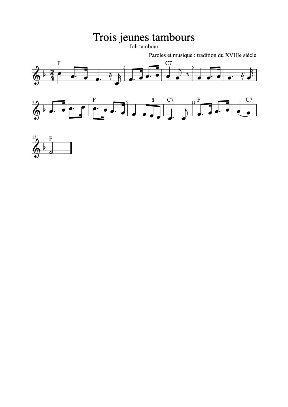 Sheet music preview for Trois Jeunes Tambours