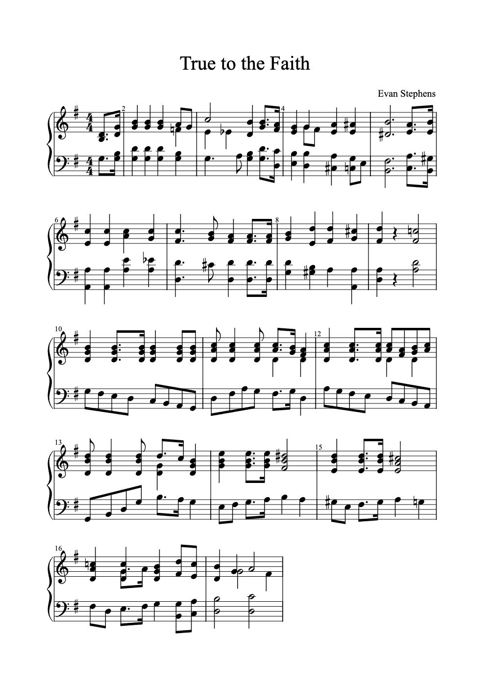 Sheet music preview for True to the Faith