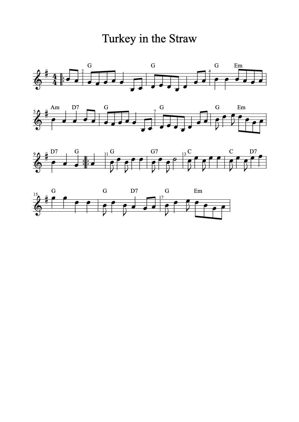 Sheet music preview for Turkey in the Straw