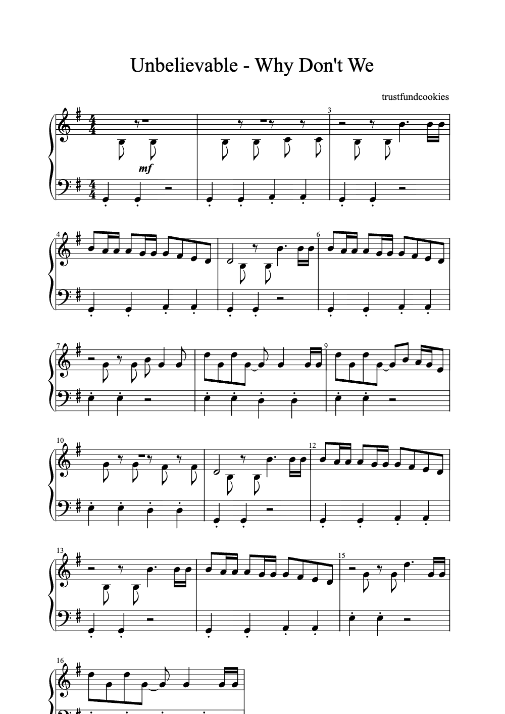 Sheet music preview for Unbelievable