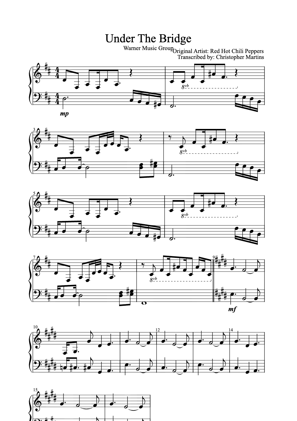 Sheet music preview for Under the Bridge