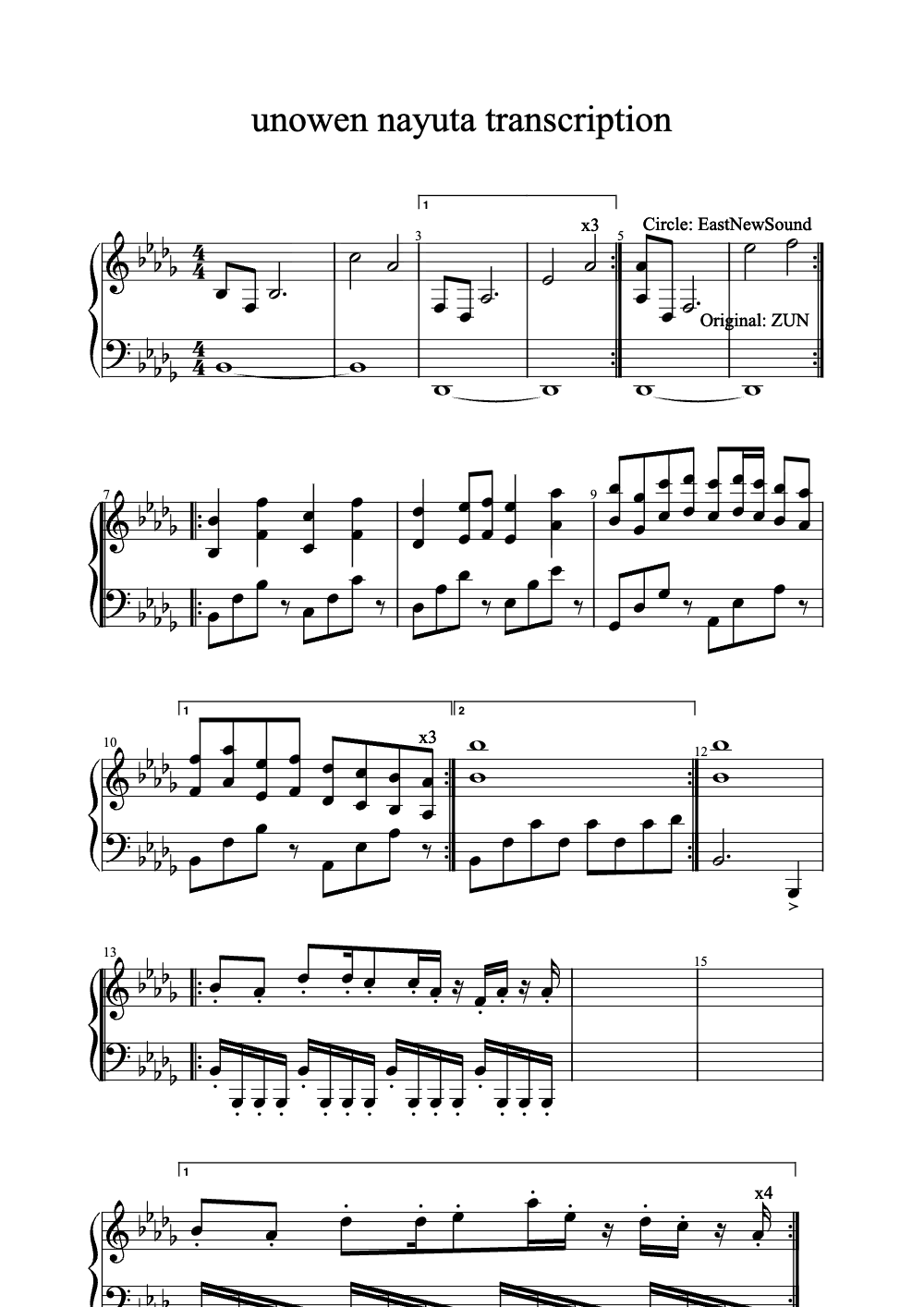 Sheet music preview for Unowen Nayuta Transcription