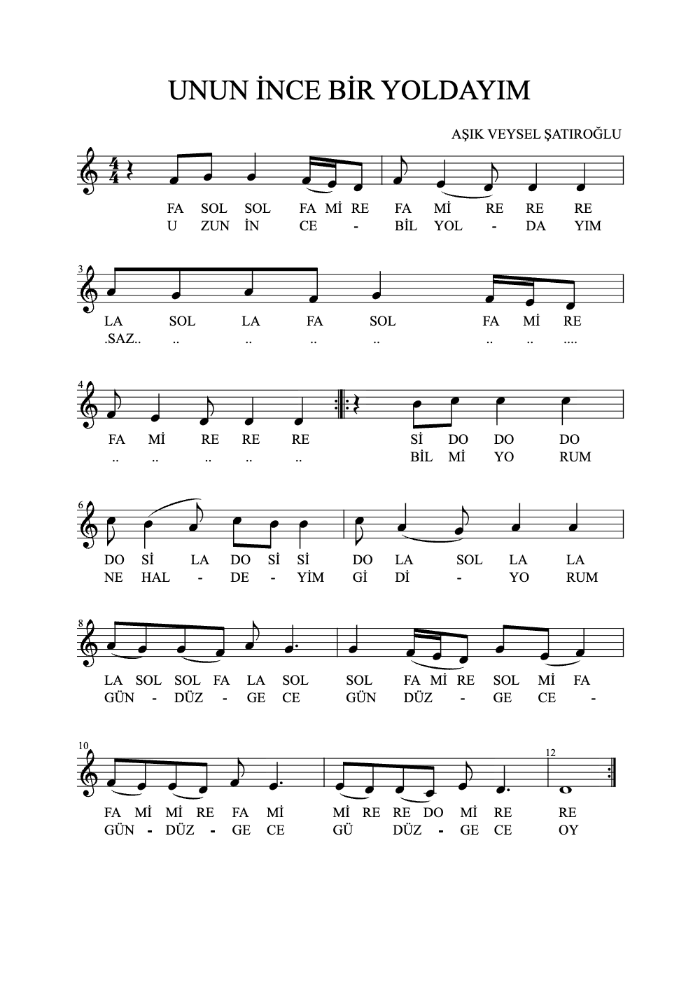 Sheet music preview for Unun İnce Bir Yoldayım