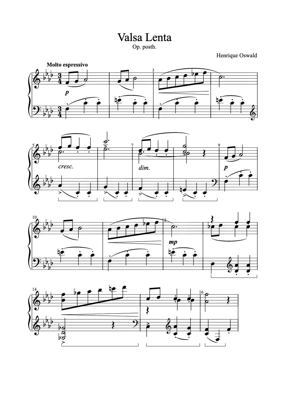 Sheet music preview for Valsa Lenta
