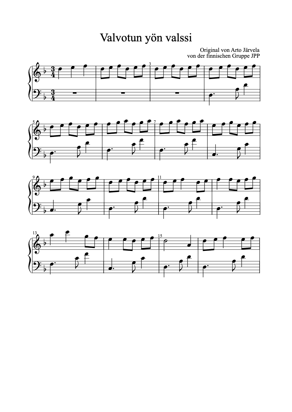 Sheet music preview for Valvotun Yön Valssi