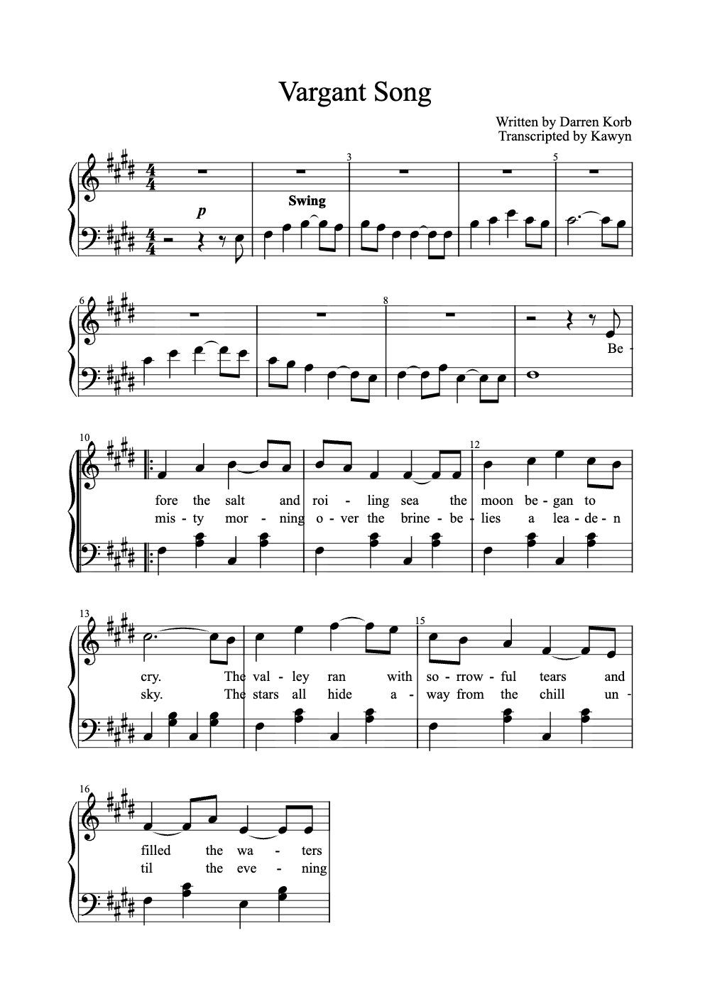 Sheet music preview for Vagrant Song