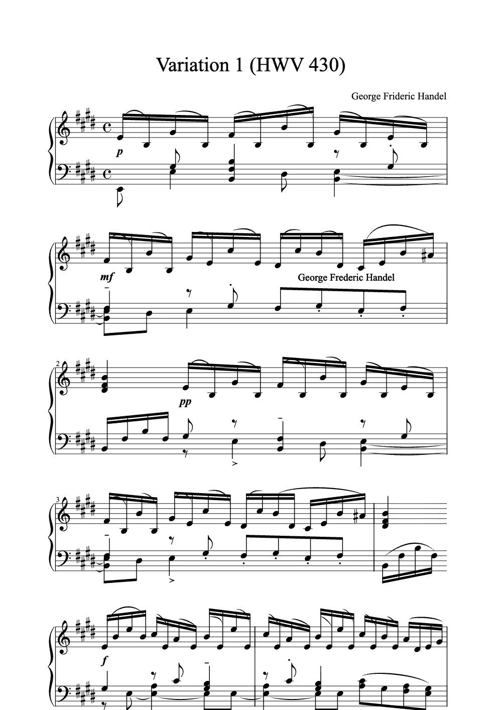 Sheet music preview for Variation 1 (HWV 430)
