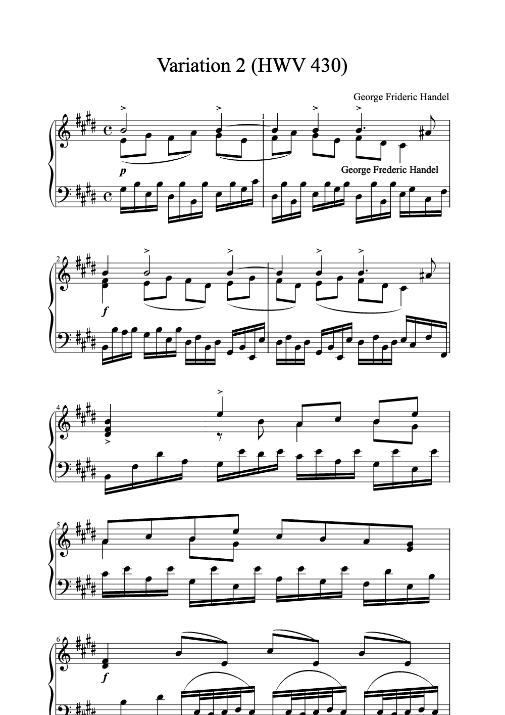 Sheet music preview for Variation 2 (HWV 430)