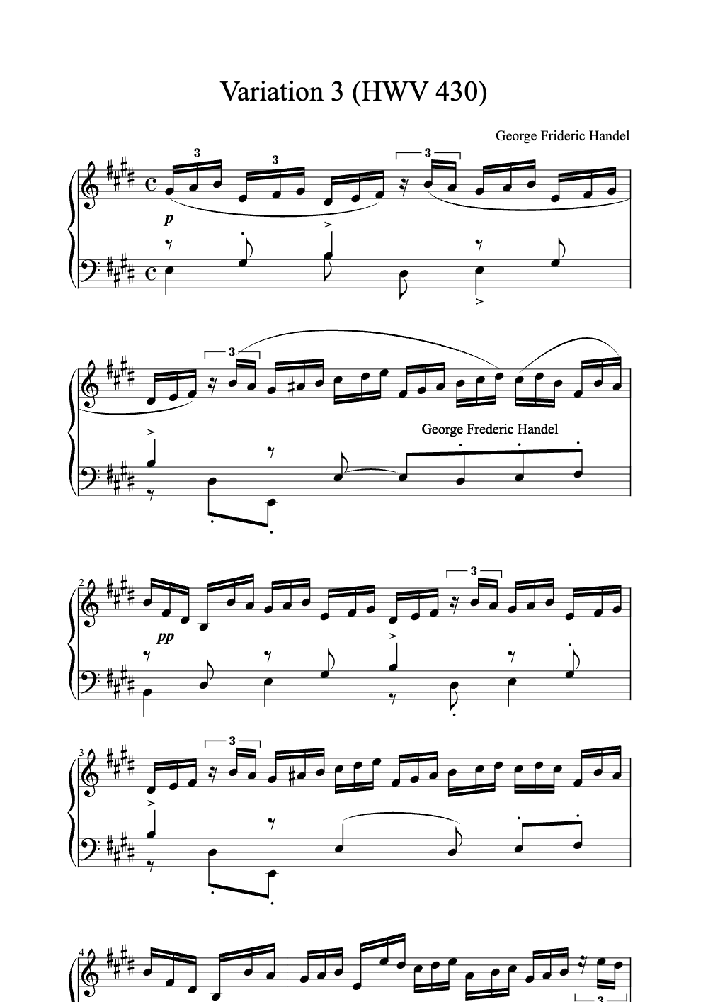 Sheet music preview for Variation 3 (HWV 430)