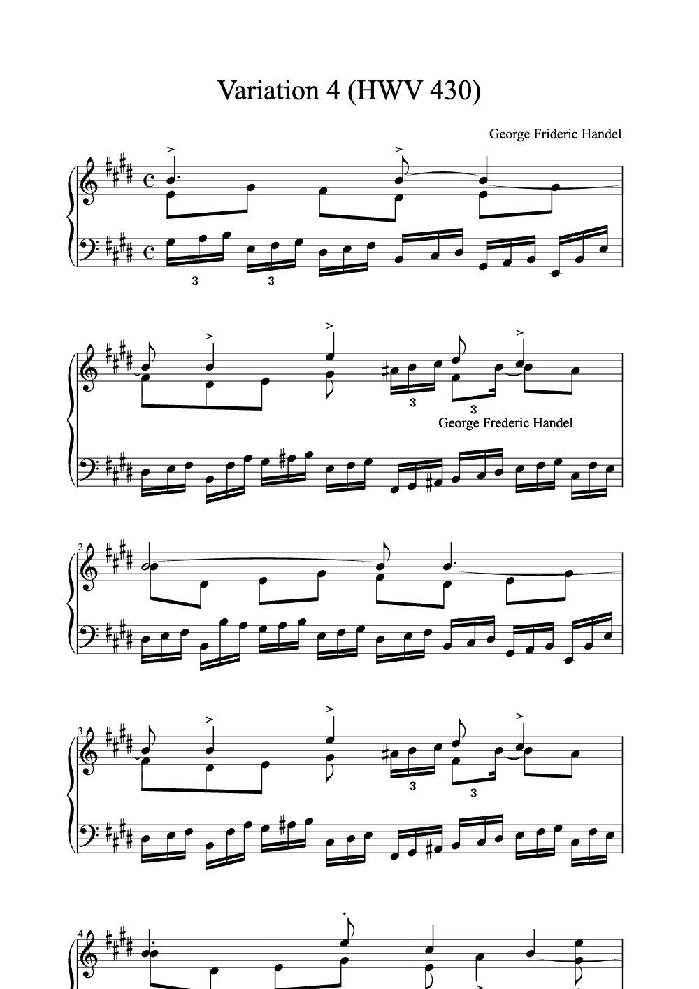 Sheet music preview for Variation 4 (HWV 430)
