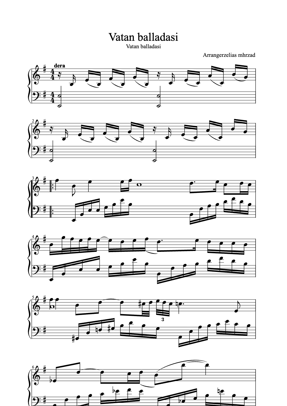 Sheet music preview for Vatan Balladasi