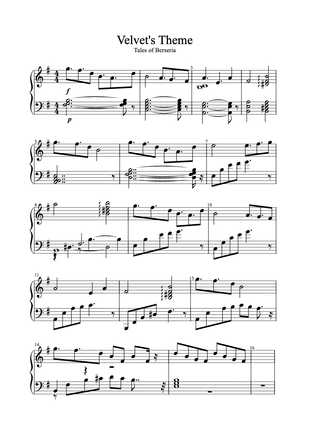 Sheet music preview for Velvet's Theme