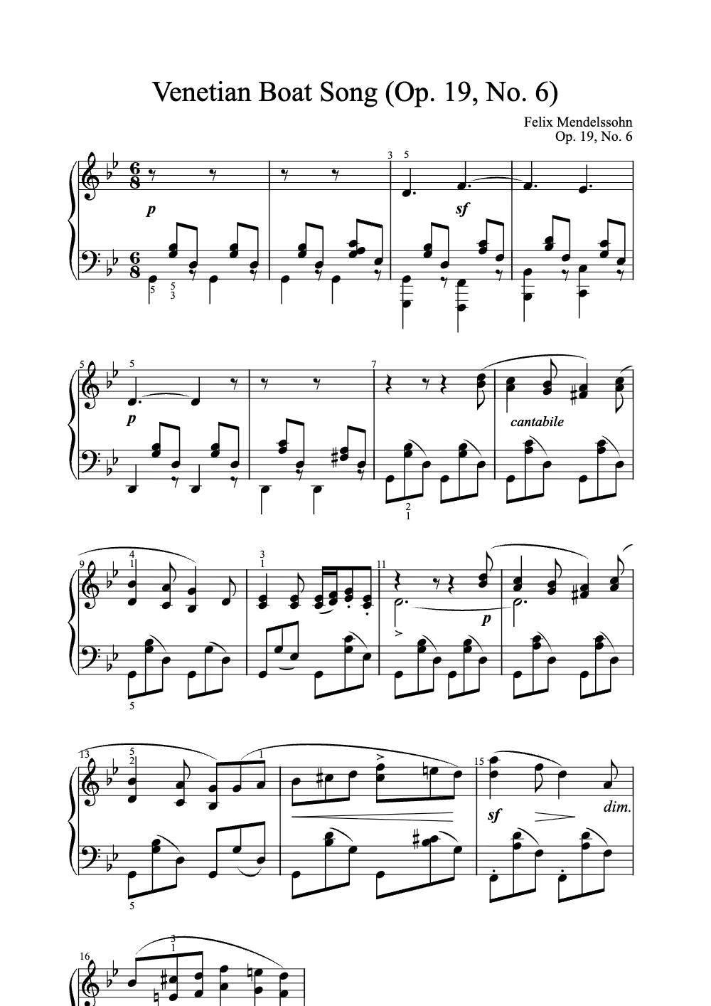 Sheet music preview for Venetian Boat Song