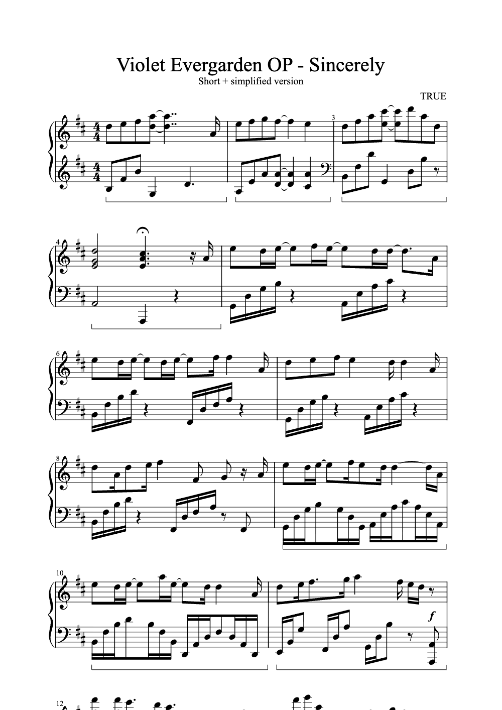 Sheet music preview for Sincerely