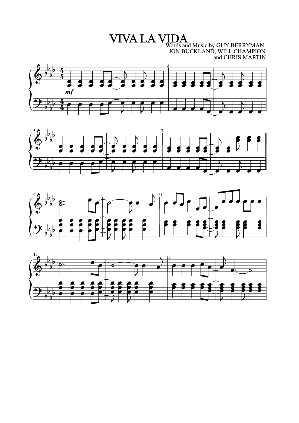 Sheet music preview for Viva la Vida