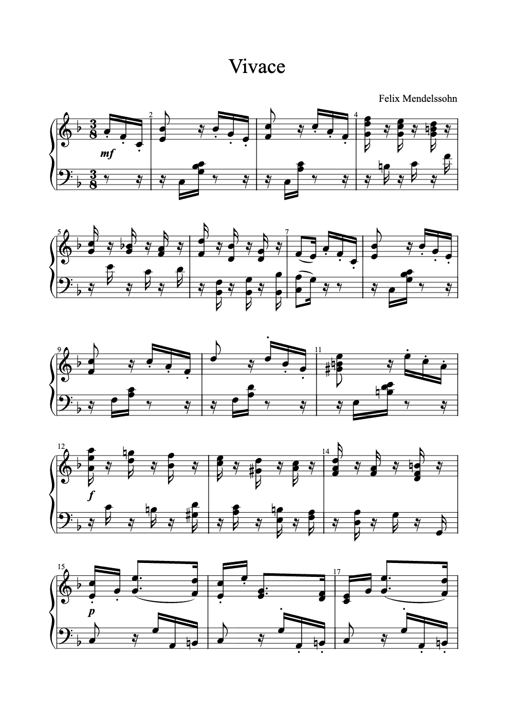 Sheet music preview for Vivace