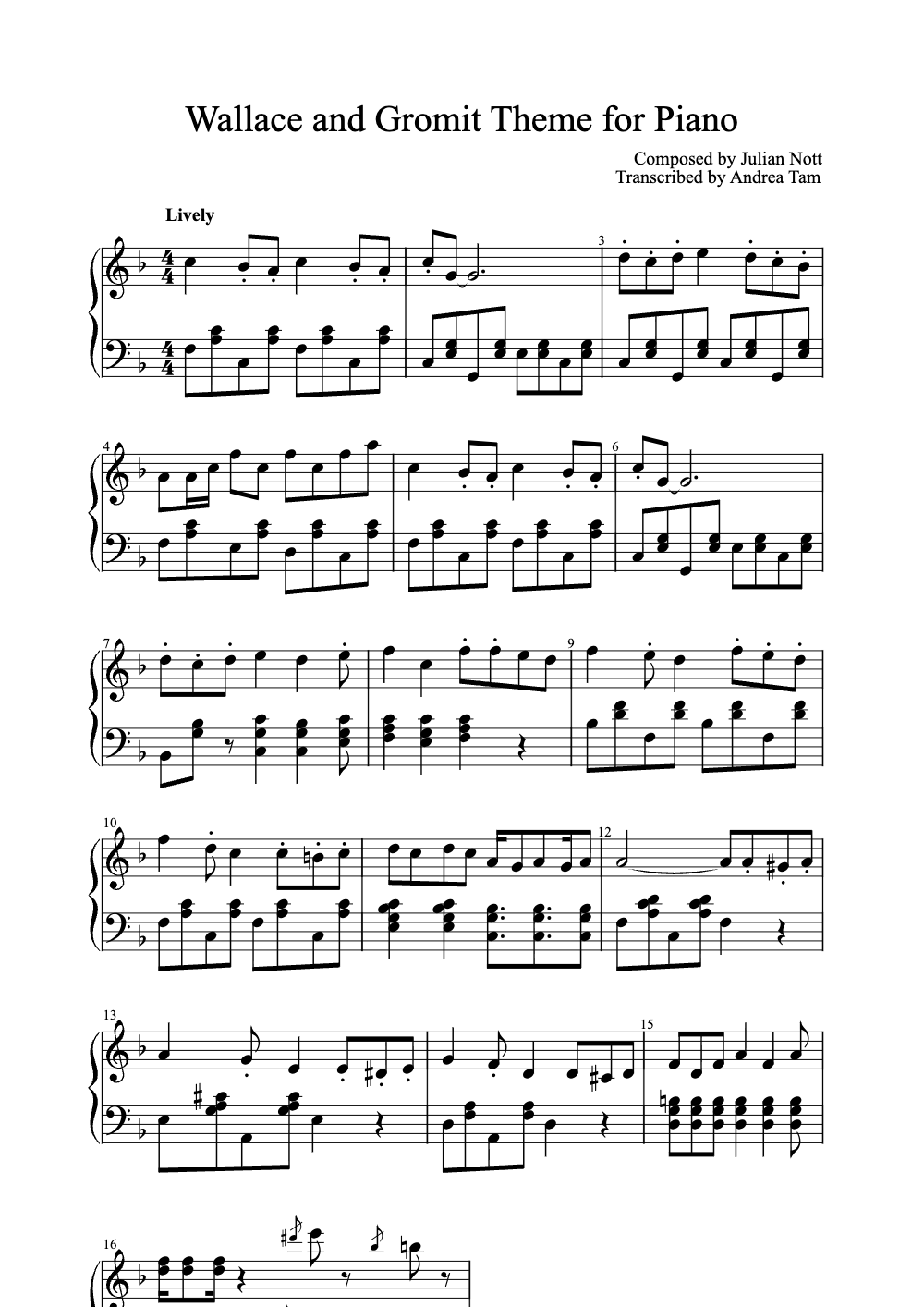 Sheet music preview for Wallace and Gromit Theme