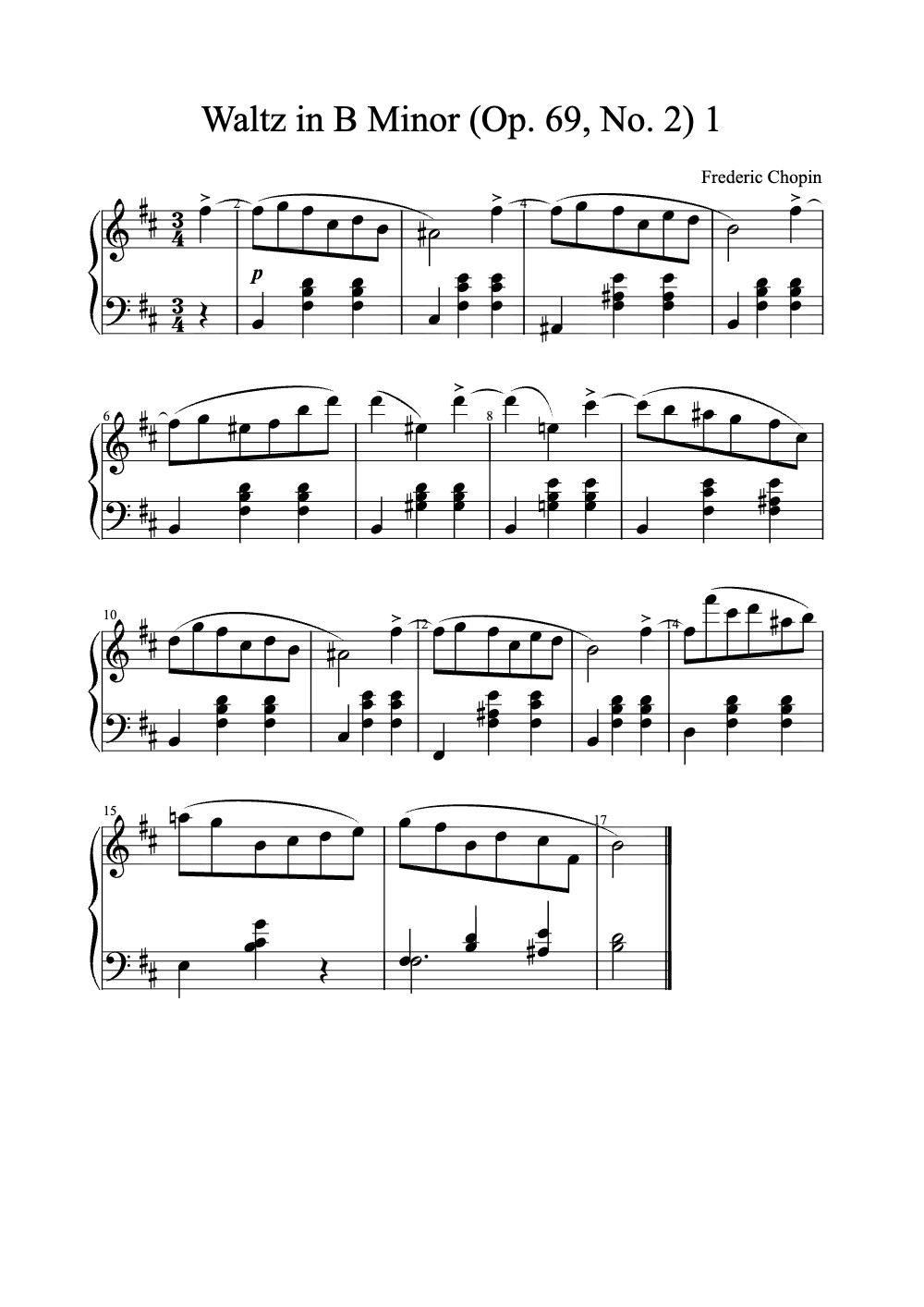 Sheet music preview for Waltz in B Minor (Op. 69, No. 2)