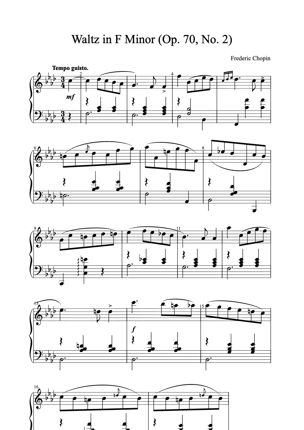 Sheet music preview for Waltz in F Minor (Op. 70, No. 2)