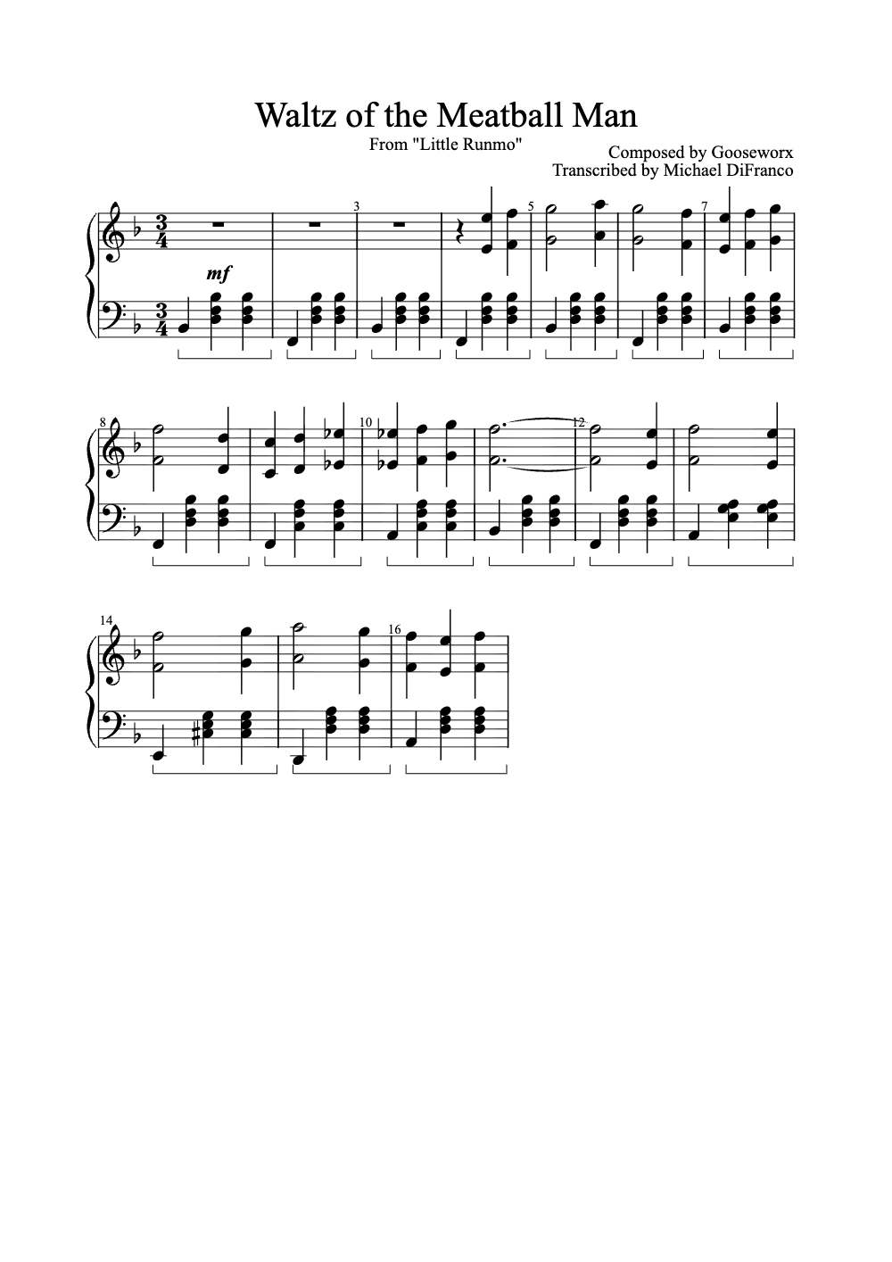 Sheet music preview for Waltz of the Meatball Man