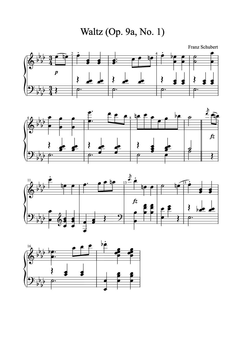 Sheet music preview for Waltz (Op. 9a, No. 1)