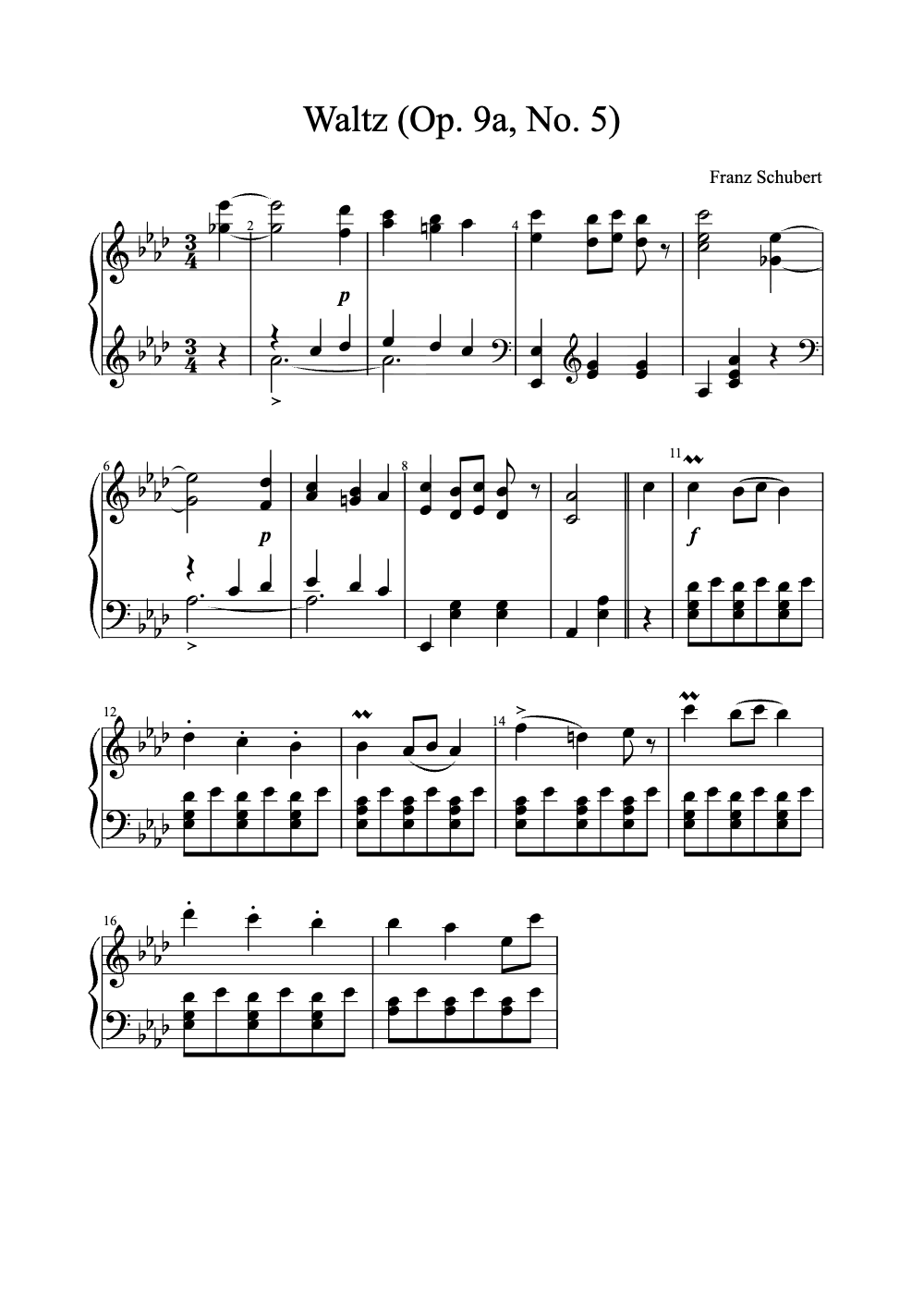 Sheet music preview for Waltz (Op. 9a, No. 5)