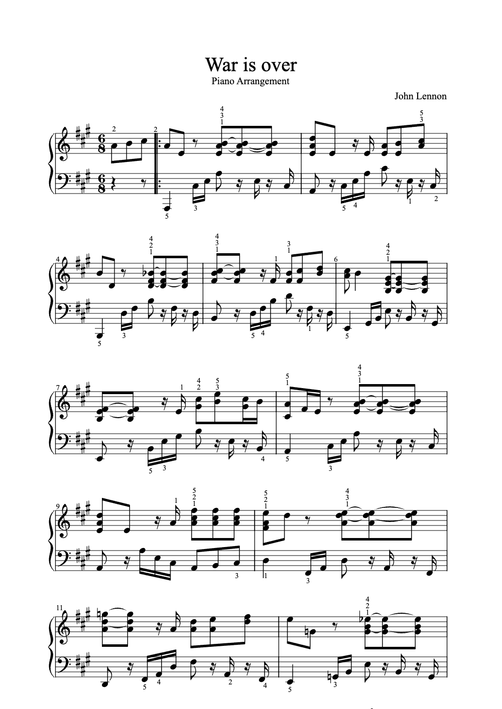 Sheet music preview for War Is Over