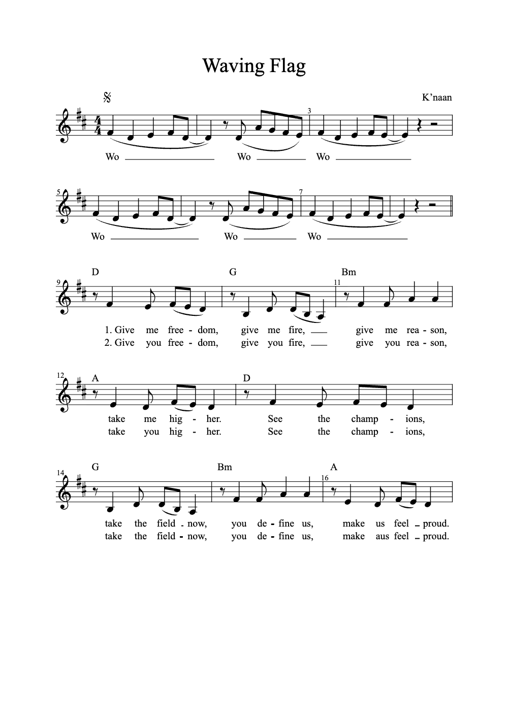 Sheet music preview for Waving Flag