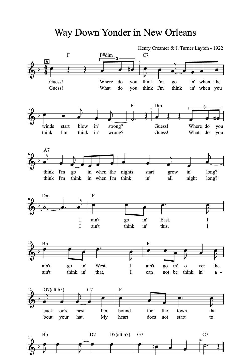 Sheet music preview for Way Down Yonder in New Orleans