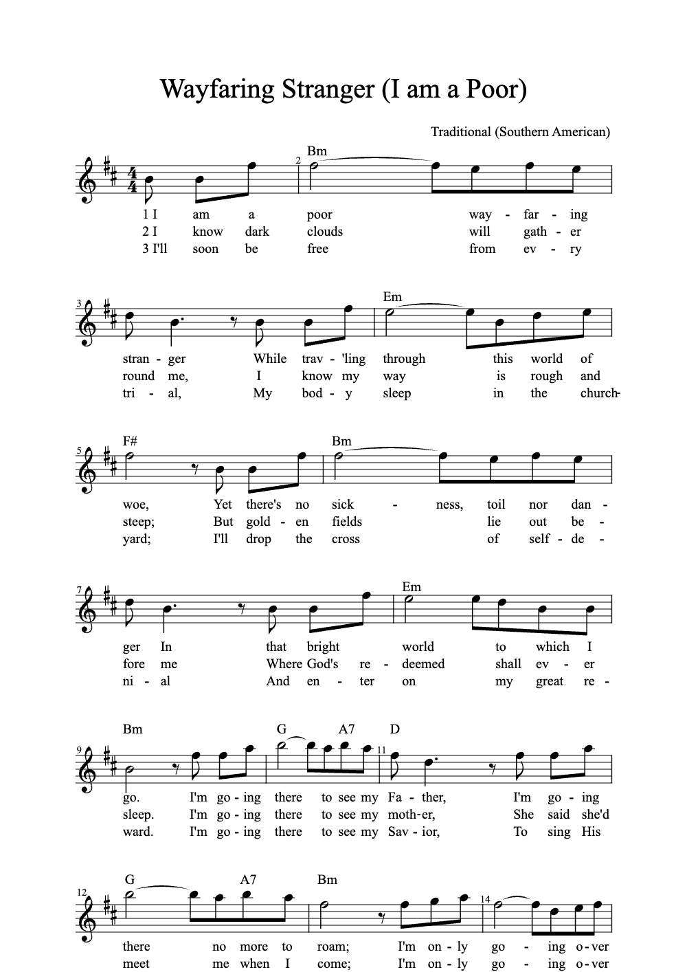Sheet music preview for Wayfaring Stranger