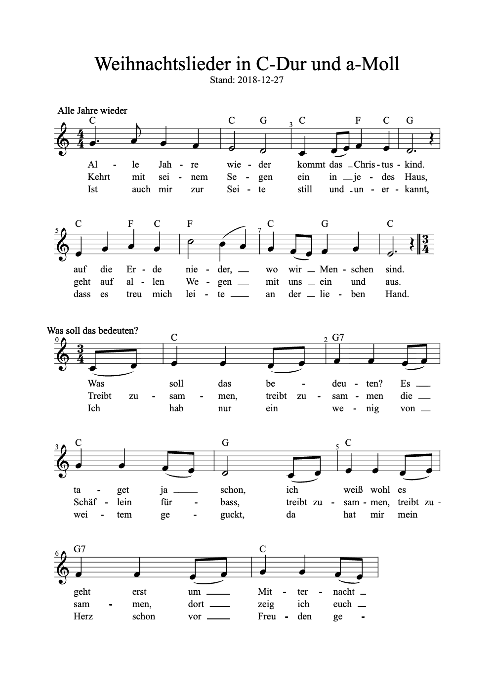 Sheet music preview for Weihnachtslieder in C-Dur und A-Moll