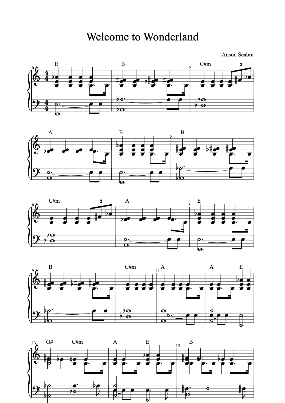 Sheet music preview for Welcome to Wonderland
