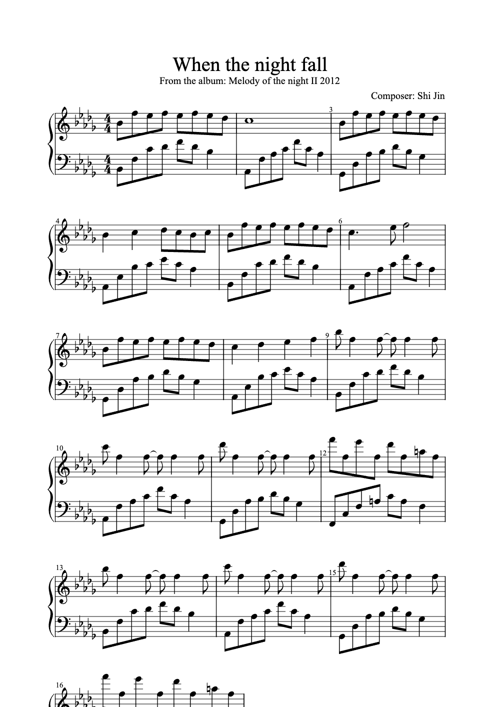 Sheet music preview for When the Night Falls