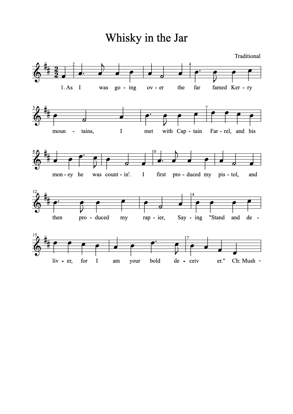 Sheet music preview for Whiskey in the Jar