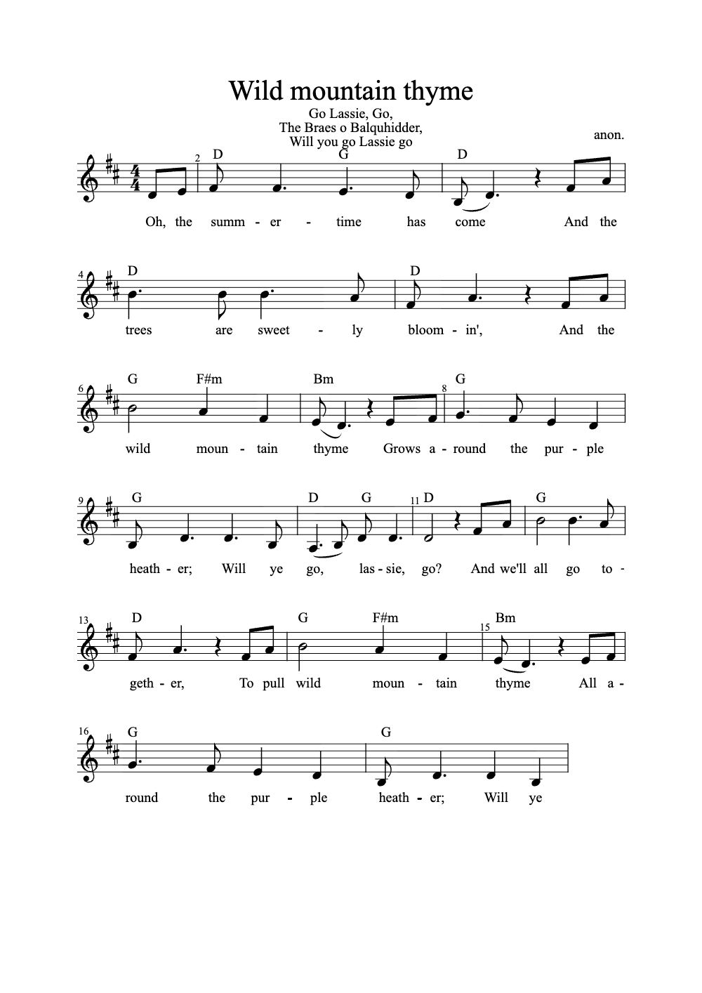 Sheet music preview for Wild Mountain Thyme