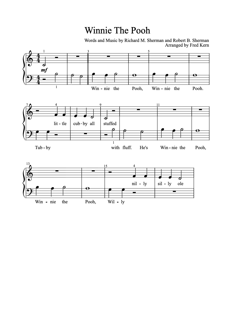 Sheet music preview for Winnie the Pooh