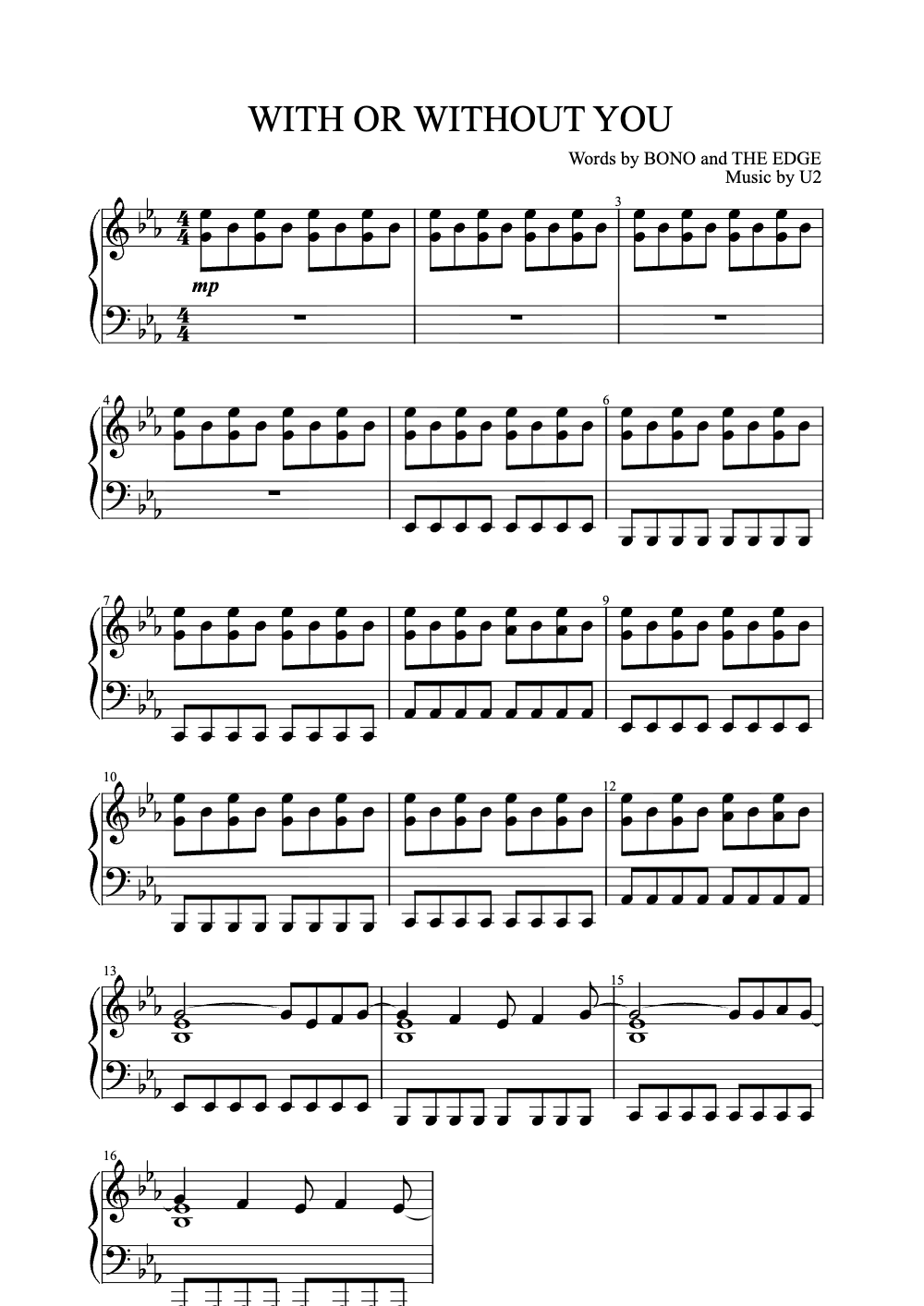 Sheet music preview for With or Without You