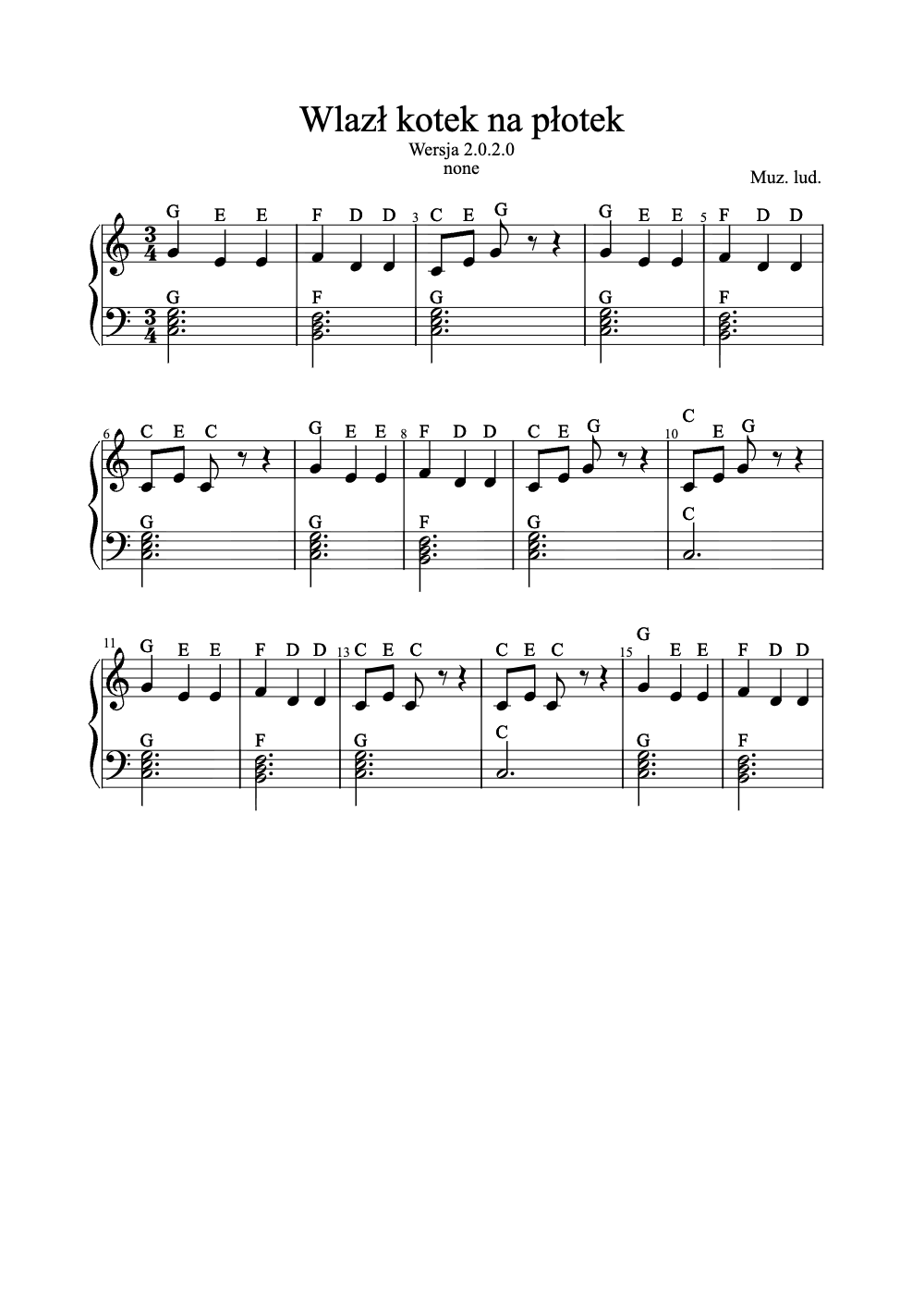 Sheet music preview for Wlazł Kotek na Płotek