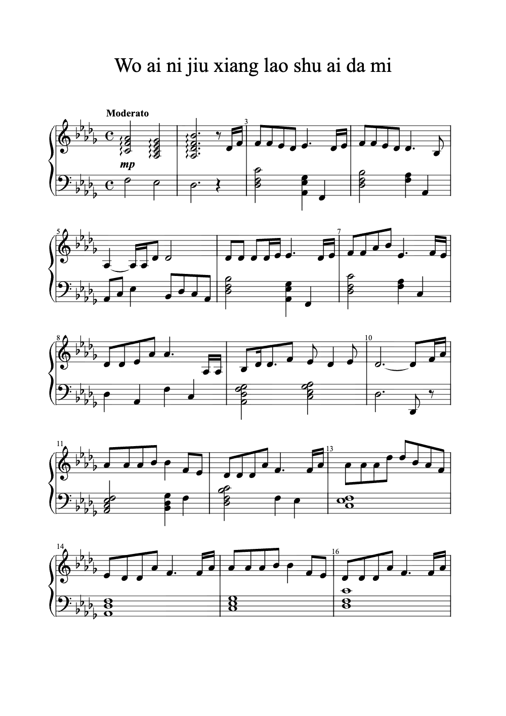 Sheet music preview for Wo Ai Ni Jiu Xiang Lao Shu Ai Da Mi