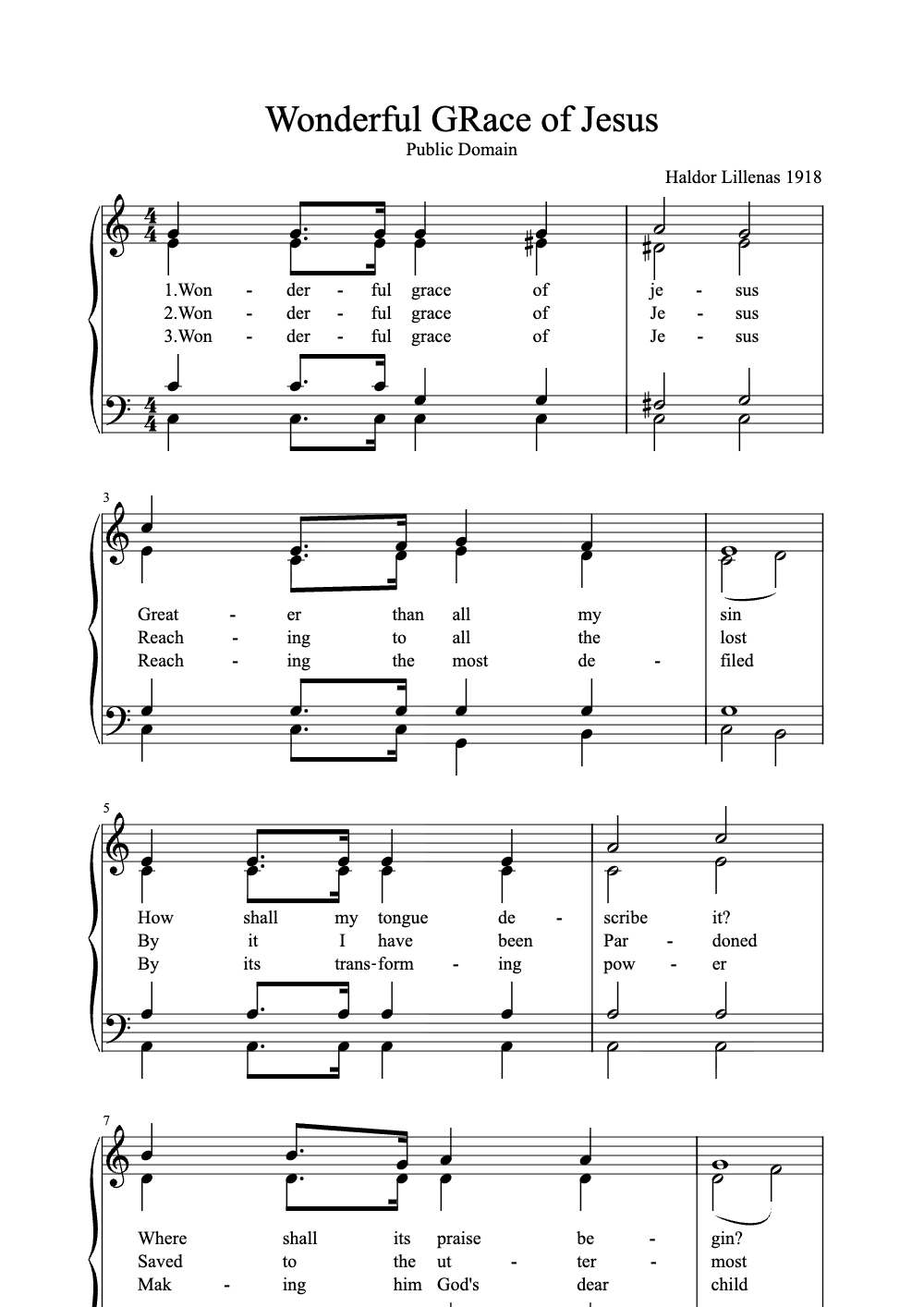 Sheet music preview for Wonderful Grace of Jesus