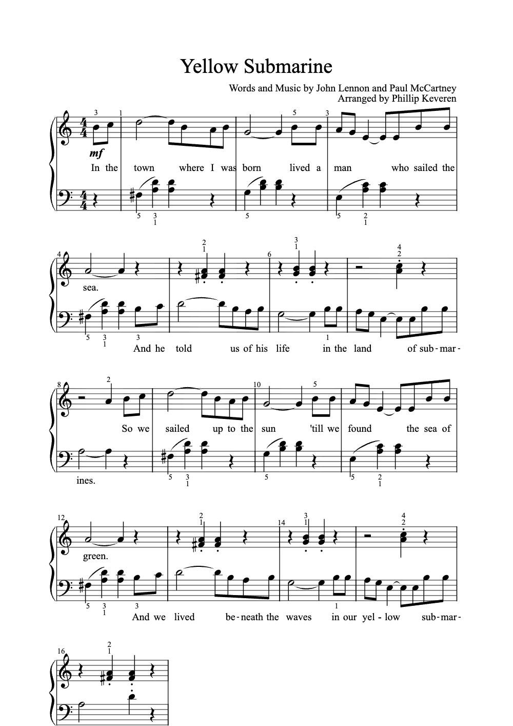 Sheet music preview for Yellow Submarine