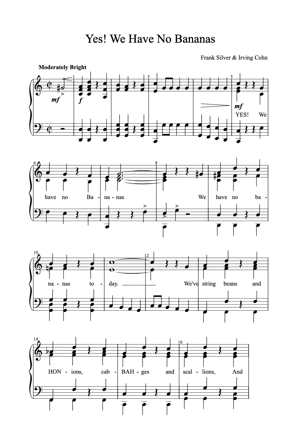 Sheet music preview for Yes! We Have No Bananas