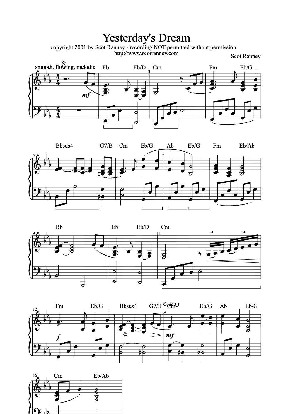 Sheet music preview for Yesterday's Dream