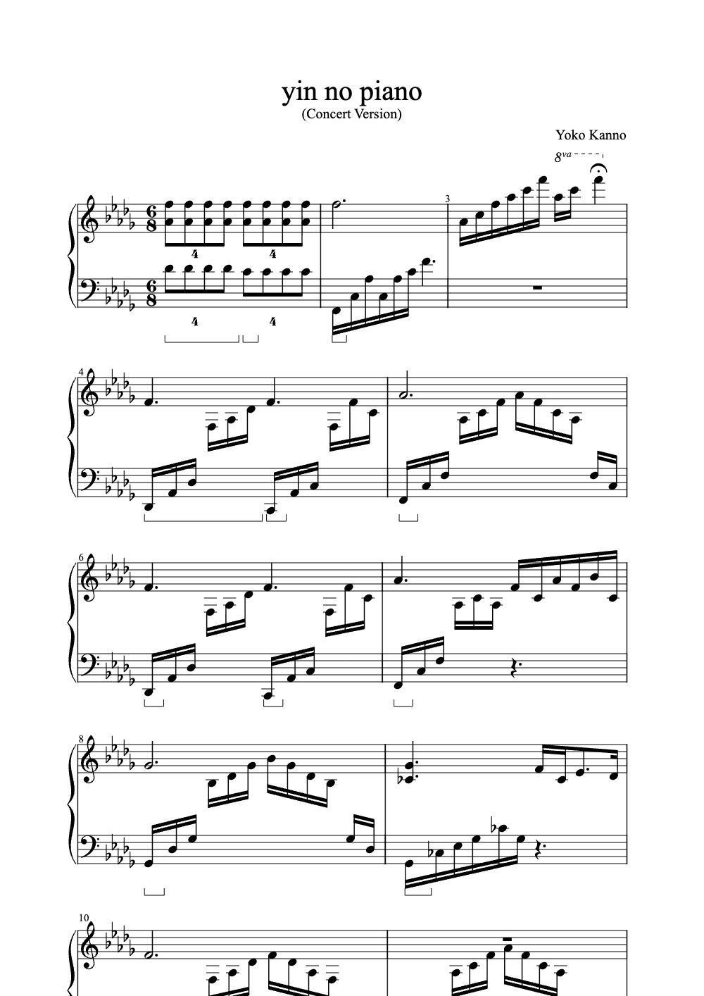 Sheet music preview for Yin no Piano