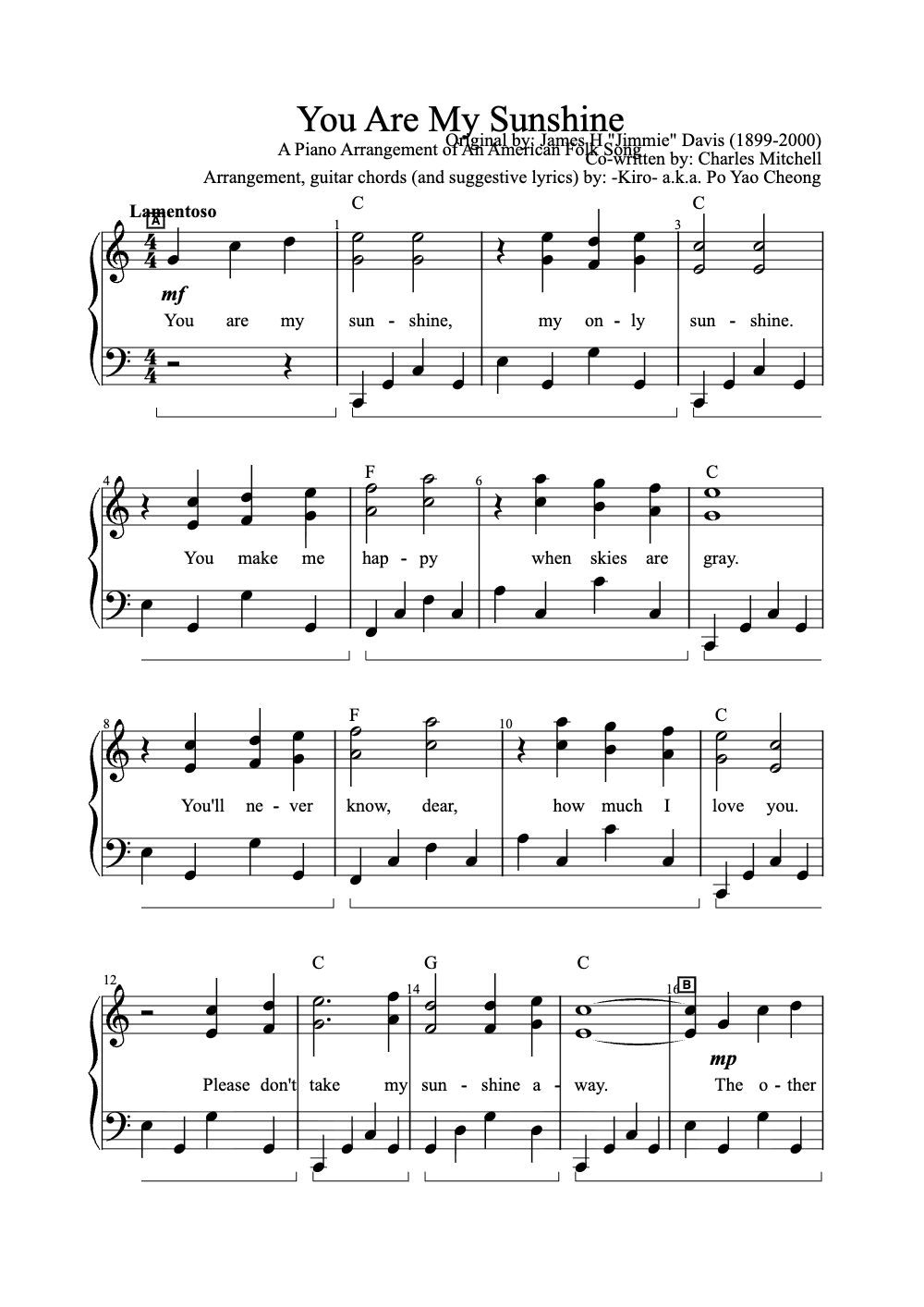 Sheet music preview for You Are My Sunshine