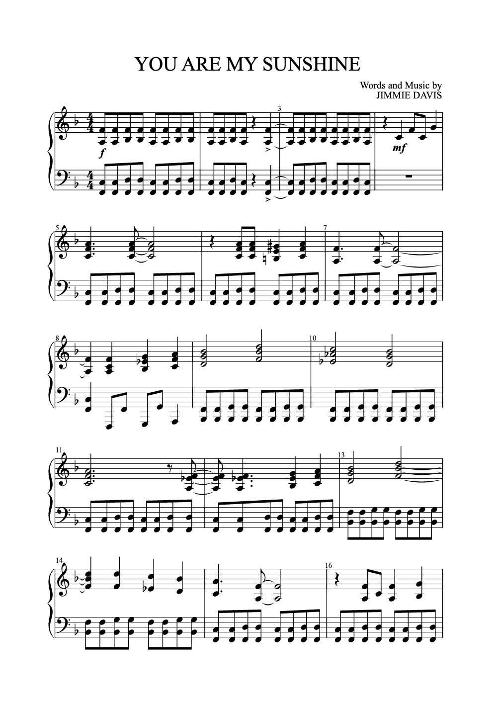 Sheet music preview for You Are My Sunshine