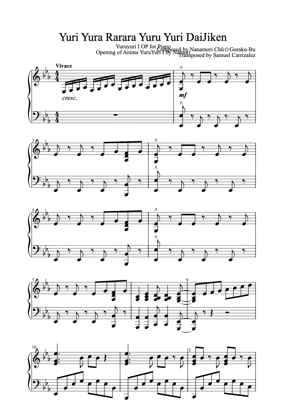 Sheet music preview for Yuri Yura Rarara Yuru Yuri Dai Jiken